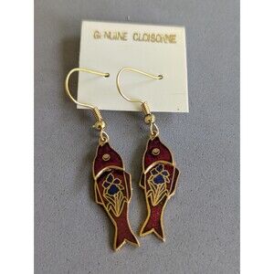 Vintage Articulated Fish Earrings – Red Enamel Blue Iris Dangle (NOS)
